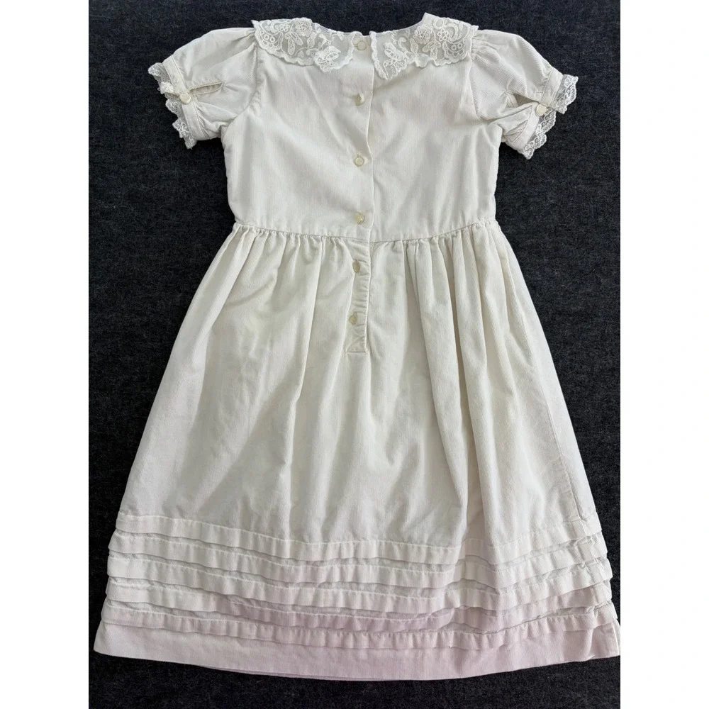 Ralph Lauren Girls Cream Corduroy Lace Collar Dress‎ Size 4 Pintuck Hem Holiday